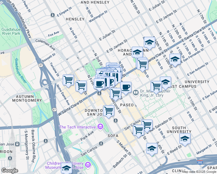 map of restaurants, bars, coffee shops, grocery stores, and more near 25 South 3rd Street in San Jose