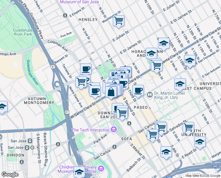 map of restaurants, bars, coffee shops, grocery stores, and more near in San Jose