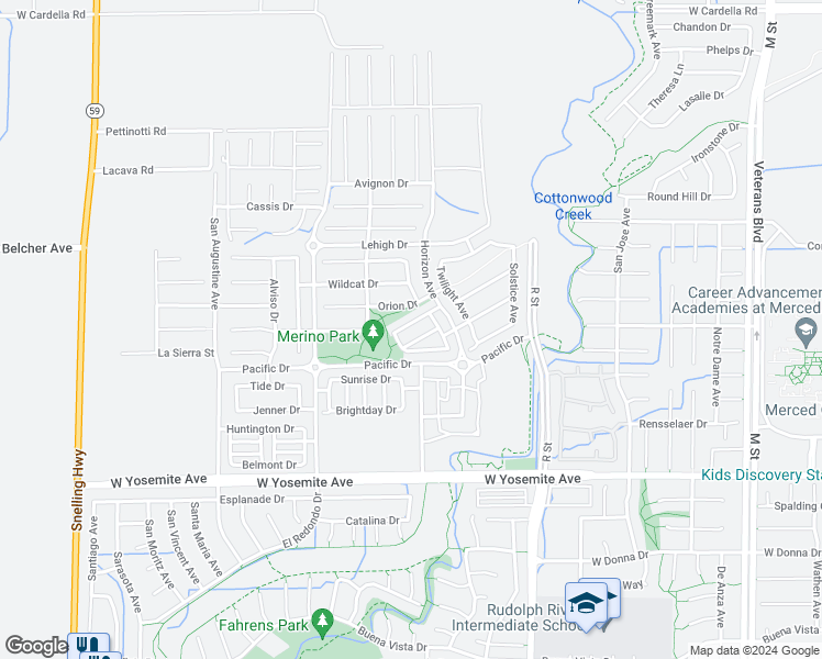 map of restaurants, bars, coffee shops, grocery stores, and more near 1268 Day Light Drive in Merced
