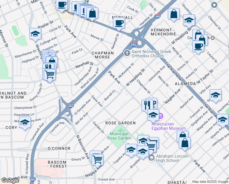 map of restaurants, bars, coffee shops, grocery stores, and more near 1472 Burrell Court in San Jose