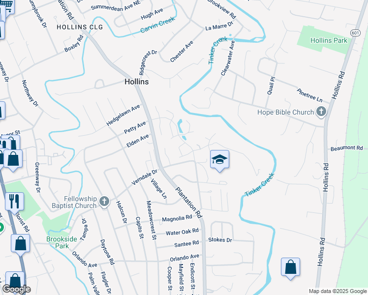 map of restaurants, bars, coffee shops, grocery stores, and more near 1008 Greenville Place in Roanoke
