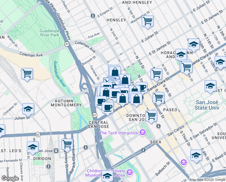 map of restaurants, bars, coffee shops, grocery stores, and more near 170 W St John St in San Jose