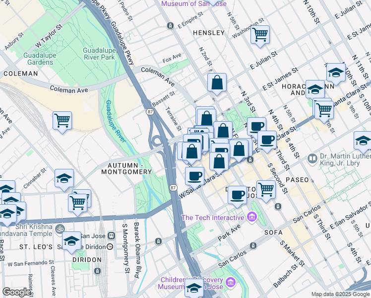 map of restaurants, bars, coffee shops, grocery stores, and more near 115 Terraine Street in San Jose
