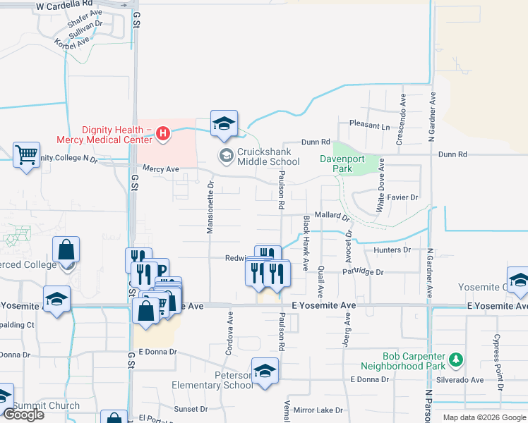 map of restaurants, bars, coffee shops, grocery stores, and more near 757 Nighthawk Court in Merced