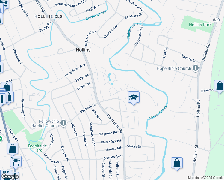 map of restaurants, bars, coffee shops, grocery stores, and more near 1008 Greenville Place in Roanoke