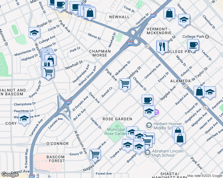 map of restaurants, bars, coffee shops, grocery stores, and more near 1472 Burrell Court in San Jose