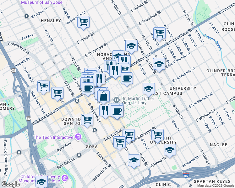 map of restaurants, bars, coffee shops, grocery stores, and more near 195 East San Fernando Street in San Jose