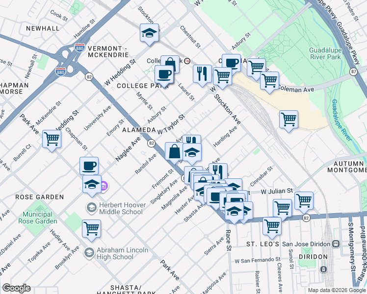 map of restaurants, bars, coffee shops, grocery stores, and more near 999 Schiele Avenue in San Jose