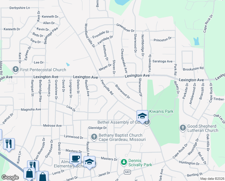 map of restaurants, bars, coffee shops, grocery stores, and more near 1960 Perryville Road in Cape Girardeau