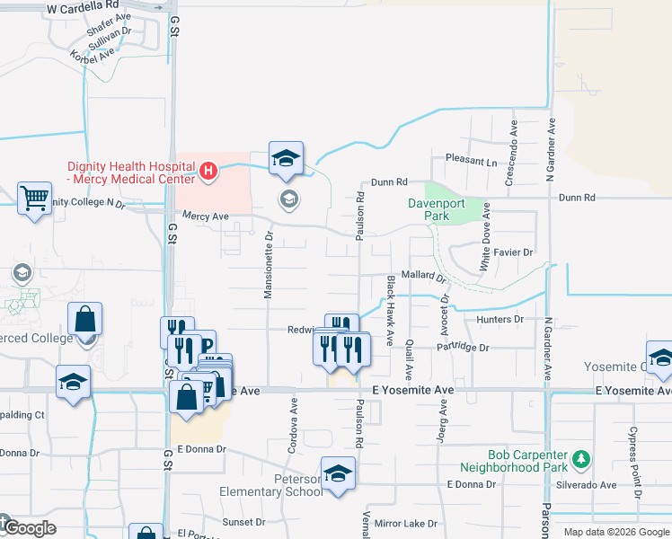 map of restaurants, bars, coffee shops, grocery stores, and more near 757 Nighthawk Court in Merced