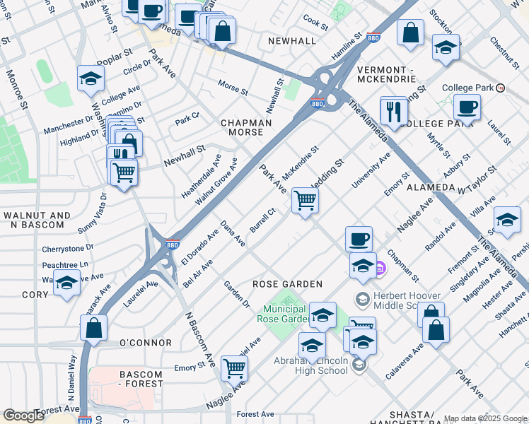 map of restaurants, bars, coffee shops, grocery stores, and more near 1489 Burrell Court in San Jose