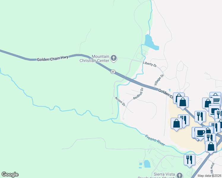 map of restaurants, bars, coffee shops, grocery stores, and more near 40473 Bollinger Place in Oakhurst
