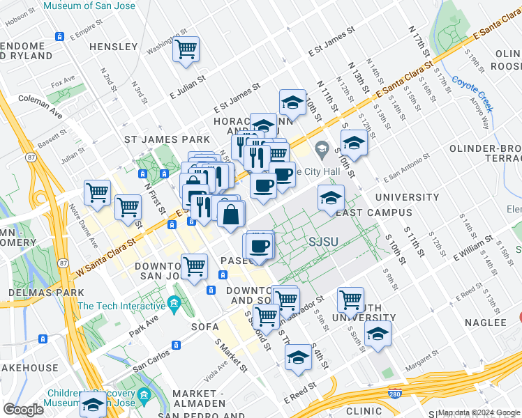 map of restaurants, bars, coffee shops, grocery stores, and more near 195 East San Fernando Street in San Jose