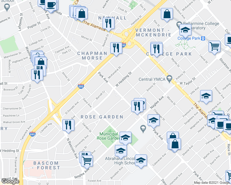 map of restaurants, bars, coffee shops, grocery stores, and more near 1881 Park Avenue in San Jose