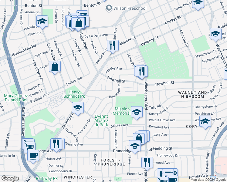 map of restaurants, bars, coffee shops, grocery stores, and more near 2081 Bohannon Drive in Santa Clara