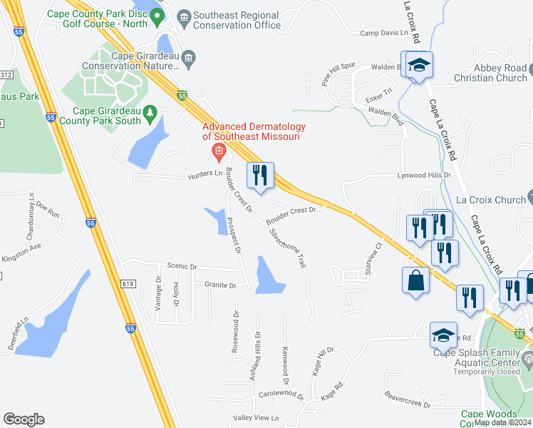 map of restaurants, bars, coffee shops, grocery stores, and more near 2225 Boulder Crest Drive in Cape Girardeau