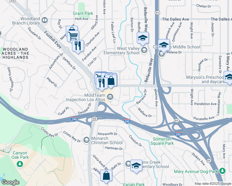map of restaurants, bars, coffee shops, grocery stores, and more near 22330 Homestead Road in Cupertino