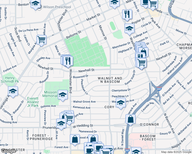 map of restaurants, bars, coffee shops, grocery stores, and more near 2364 Boxwood Drive in San Jose