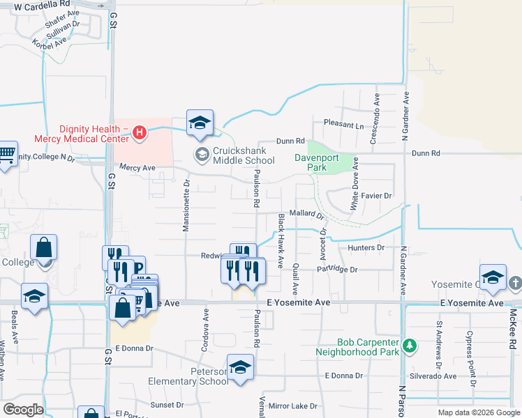 map of restaurants, bars, coffee shops, grocery stores, and more near 3896 Pintail Court in Merced