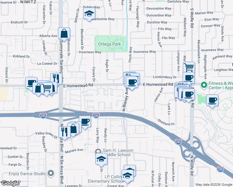 map of restaurants, bars, coffee shops, grocery stores, and more near 10888 Northshore Square in Cupertino