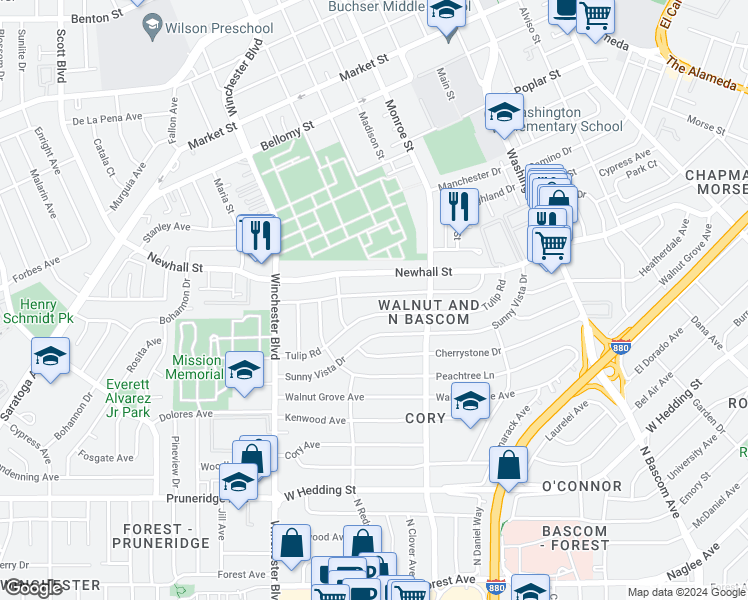 map of restaurants, bars, coffee shops, grocery stores, and more near 2364 Boxwood Drive in San Jose