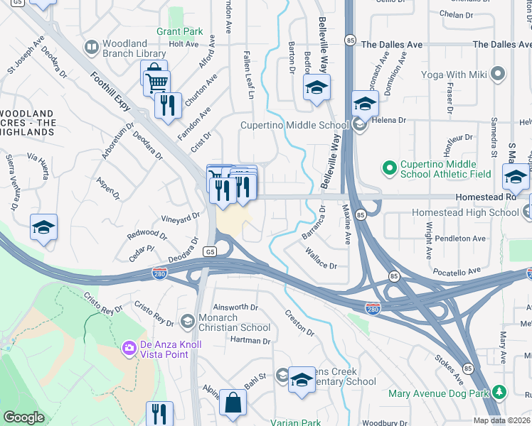 map of restaurants, bars, coffee shops, grocery stores, and more near 2220 Homestead Court in Los Altos