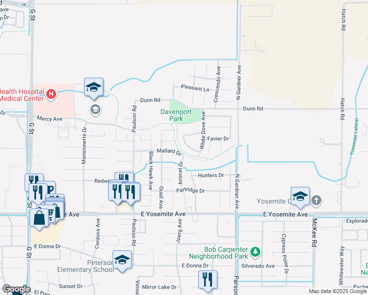map of restaurants, bars, coffee shops, grocery stores, and more near 1354 Christopher Drive in Merced