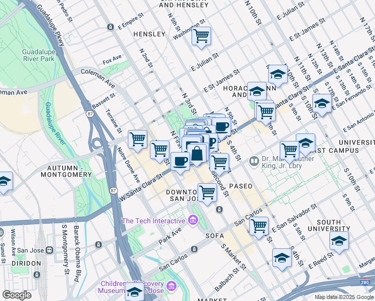 map of restaurants, bars, coffee shops, grocery stores, and more near in San Jose