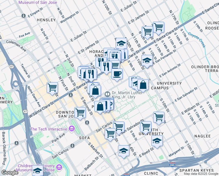 map of restaurants, bars, coffee shops, grocery stores, and more near in San Jose