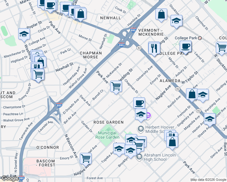 map of restaurants, bars, coffee shops, grocery stores, and more near 1881 Park Avenue in San Jose