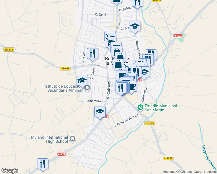 map of restaurants, bars, coffee shops, grocery stores, and more near Calle Calvario in Bollullos de la Mitación
