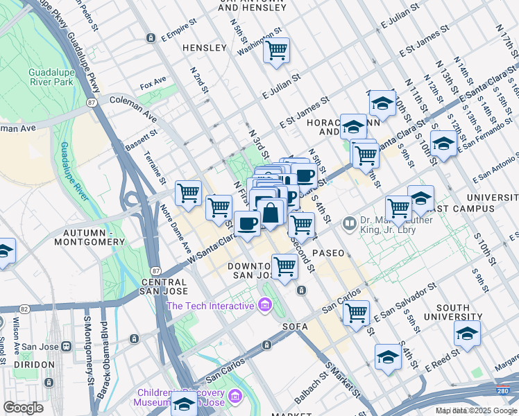 map of restaurants, bars, coffee shops, grocery stores, and more near in San Jose