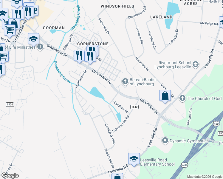 map of restaurants, bars, coffee shops, grocery stores, and more near 1329 Greenview Drive in Lynchburg