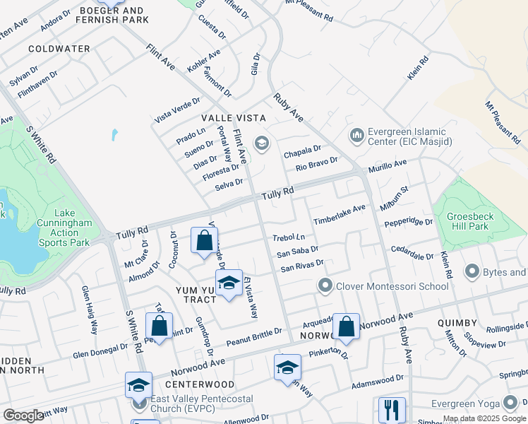 map of restaurants, bars, coffee shops, grocery stores, and more near 2594 Flint Avenue in San Jose