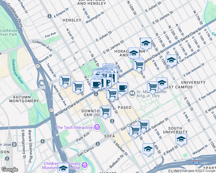 map of restaurants, bars, coffee shops, grocery stores, and more near 25 South 3rd Street in San Jose