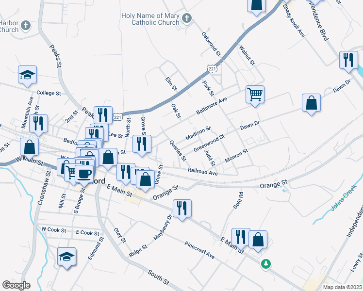 map of restaurants, bars, coffee shops, grocery stores, and more near 803 Greenwood Street in Bedford