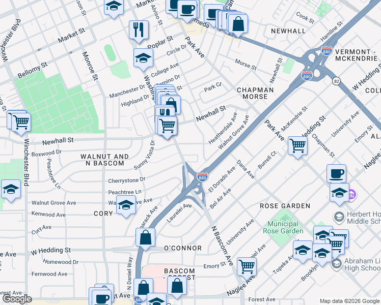 map of restaurants, bars, coffee shops, grocery stores, and more near 1260 North Bascom Avenue in San Jose