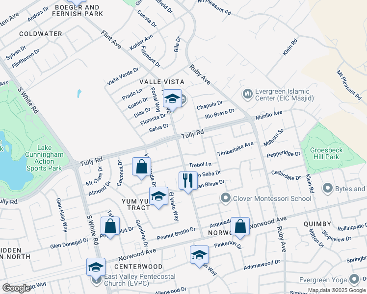 map of restaurants, bars, coffee shops, grocery stores, and more near 2594 Flint Avenue in San Jose