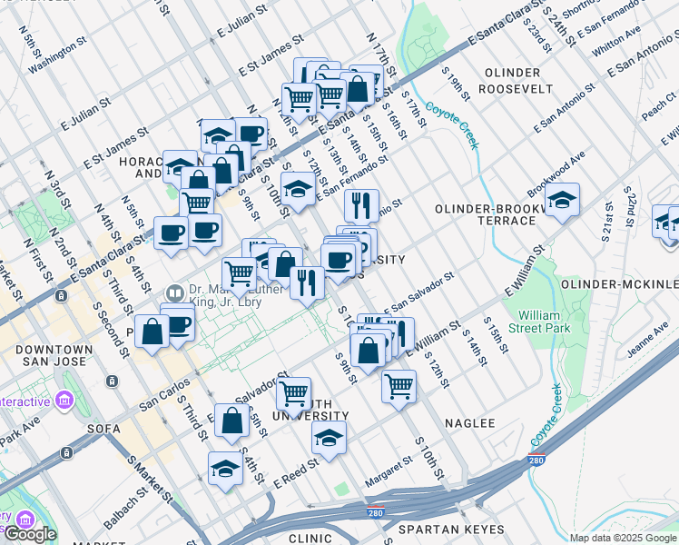 map of restaurants, bars, coffee shops, grocery stores, and more near 475 East San Carlos Street in San Jose