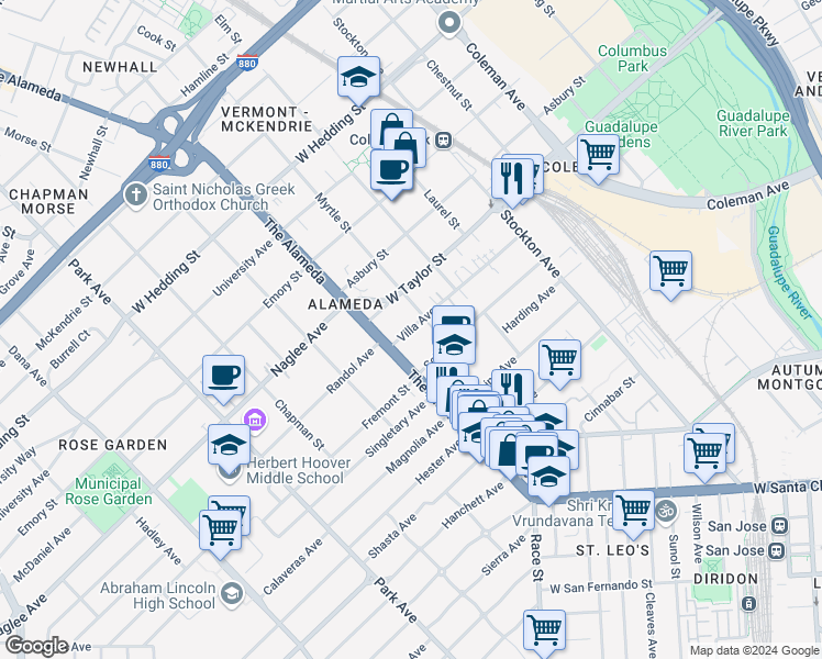 map of restaurants, bars, coffee shops, grocery stores, and more near 1650 The Alameda in San Jose
