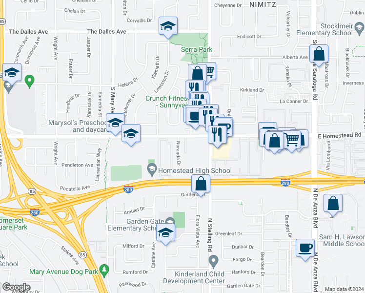 map of restaurants, bars, coffee shops, grocery stores, and more near 1721 Noranda Drive in Sunnyvale