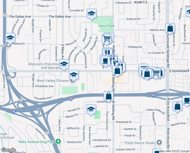 map of restaurants, bars, coffee shops, grocery stores, and more near 1721 Noranda Drive in Sunnyvale