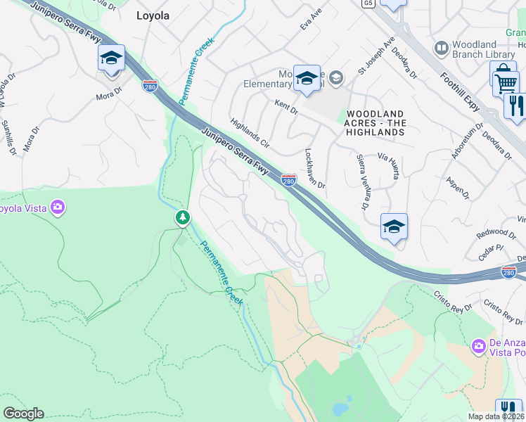 map of restaurants, bars, coffee shops, grocery stores, and more near 23400 Vía Ventura in Cupertino