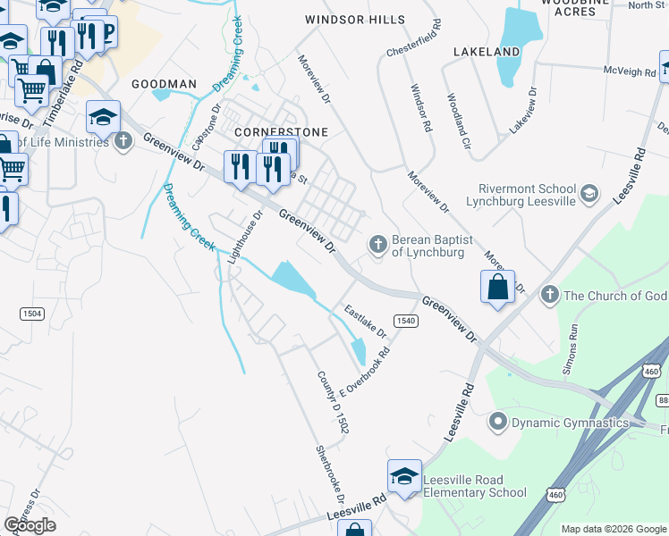 map of restaurants, bars, coffee shops, grocery stores, and more near 1329 Greenview Drive in Lynchburg