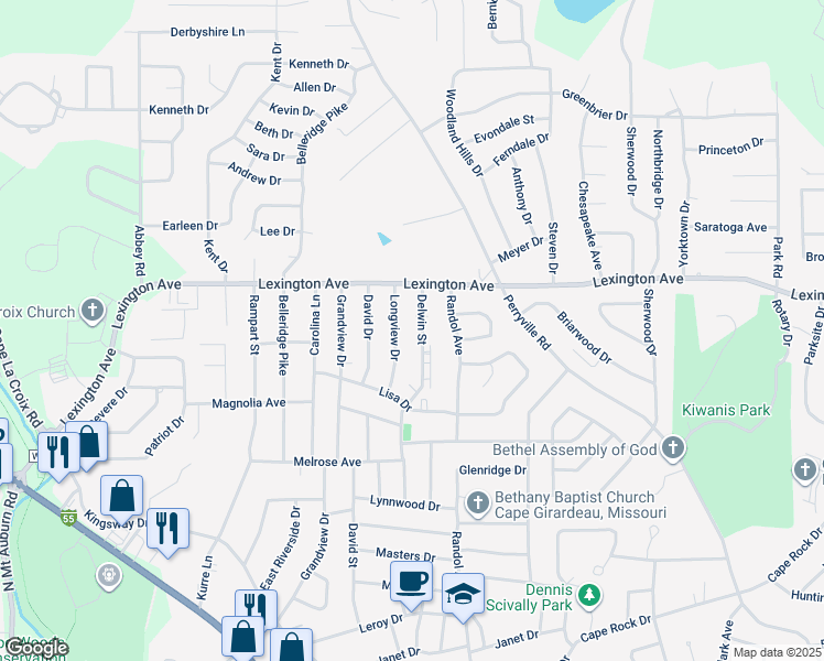 map of restaurants, bars, coffee shops, grocery stores, and more near 1950 Delwin Street in Cape Girardeau