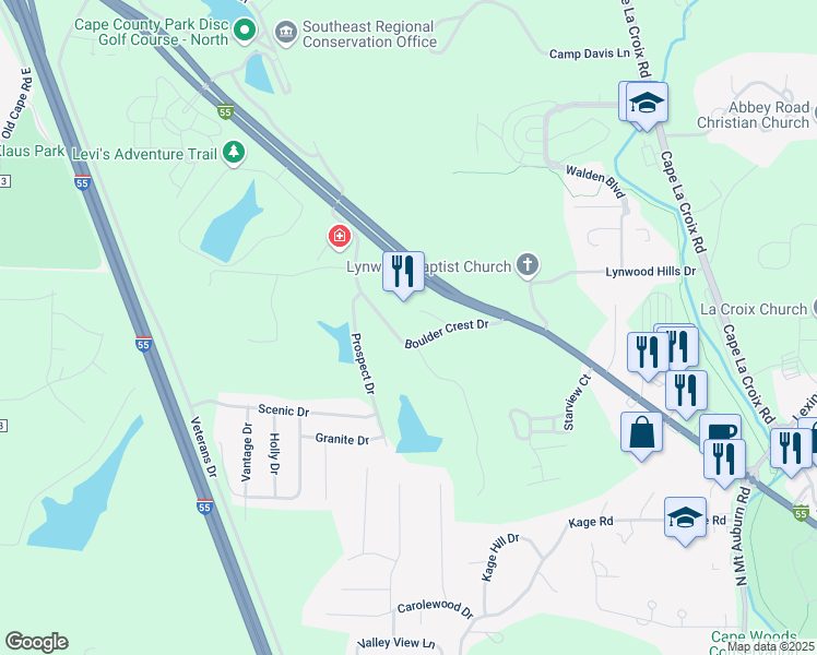map of restaurants, bars, coffee shops, grocery stores, and more near 2225 Boulder Crest Drive in Cape Girardeau