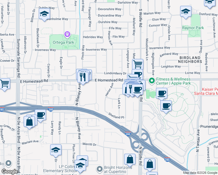 map of restaurants, bars, coffee shops, grocery stores, and more near 795 Prestwick Court in Sunnyvale