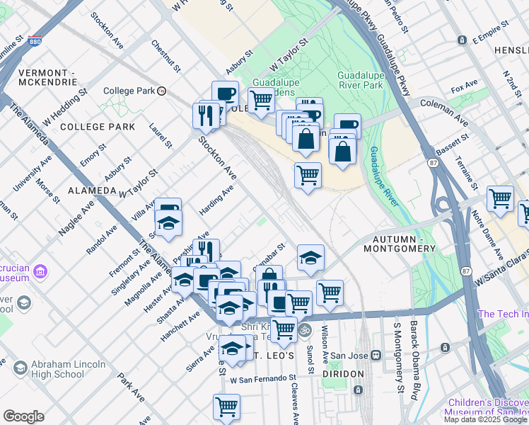 map of restaurants, bars, coffee shops, grocery stores, and more near Stockton Ave & Lenzen Ave in San Jose