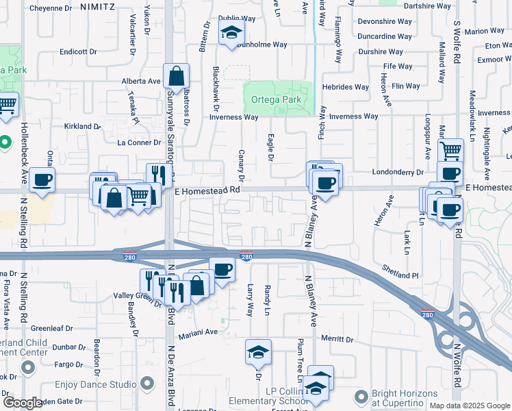 map of restaurants, bars, coffee shops, grocery stores, and more near 10992 Northseal Square in Cupertino