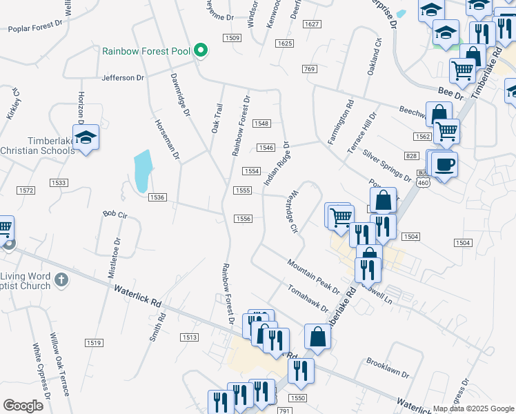 map of restaurants, bars, coffee shops, grocery stores, and more near 188 Indian Ridge Drive in Lynchburg